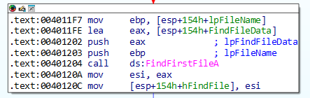 Calling FindFirstFileA