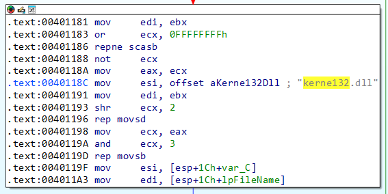 Code that runs if kernel32.dll string is found