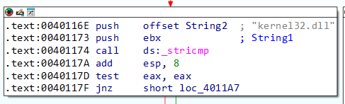 String comparison with kernel32.dll
